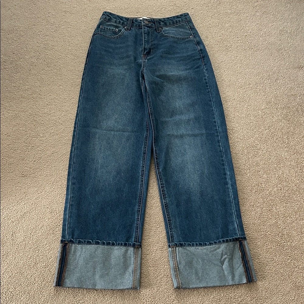 NEW Wide Leg Cuffed Women's Jeans - Dark Blue - Picture 2 of 4